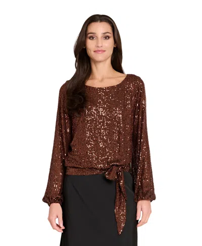 Tahari Asl Women's Long Sleeve Sequin Top In Brown