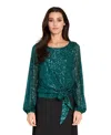 Tahari Asl Women's Long Sleeve Sequin Top In Green