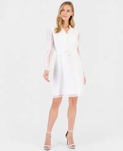 Tahari Asl Women's Long-sleeve Belted Embroidered Dress In White