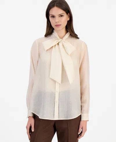 Tahari Asl Women's Long-sleeve Tie-neck Chiffon Blouse In Neutral