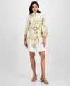 Tahari Women's Mandarin-collar Belted Long-sleeve Dress In Ivory Fern