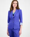 Tahari Asl Womens Roll Tab Jacket Printed Tank Top Ankle Pants In Pacific Blue