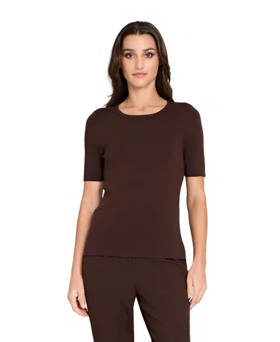 Tahari Asl Women's Petite Fine-rib Crewneck Sweater T-shirt In Brown