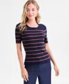 Tahari Asl Women's Petite Striped Short-sleeve Sweater In Blue