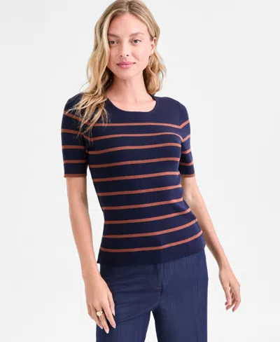 Tahari Asl Women's Petite Striped Short-sleeve Sweater In Blue