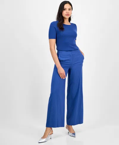Tahari Asl Women's Pinstripe Mid-rise Wide-leg Pants In Indigo