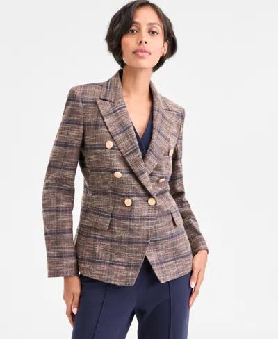 Tahari Asl Women's Plaid Double-breasted Blazer In Brown