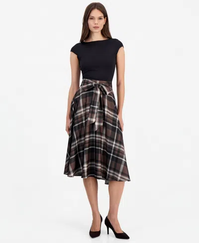 Tahari Asl Women's Plaid High-waisted Midi Skirt In Brown