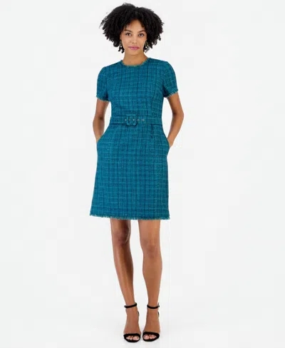 Tahari Asl Women's Plaid Short-sleeve Belted Dress In Blue