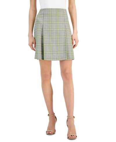 Tahari Asl Women's Pleat-front Plaid Skirt In Avocado,lime