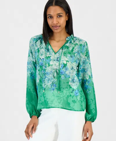 Tahari Asl Women's Printed Blouson-sleeve Blouse In Green