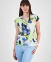 Tahari Asl Watercolor Cowl Neck Satin Top In Fern Watercolor