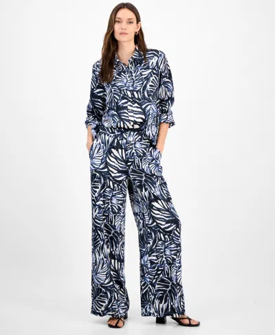 Tahari Asl Women's Printed High-rise Wide-leg Pants In Blue