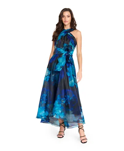 Tahari Asl Women's Printed Organza Cross Neck Midi Dress In Blue