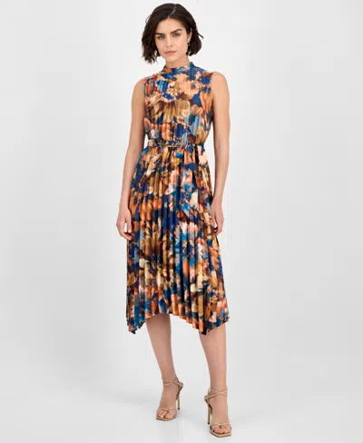 Tahari Asl Women's Printed Pleated Sleeveless Midi Dress