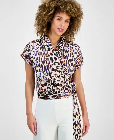 Tahari Asl Women's Printed Short-sleeve Faux-wrap Top In Sand