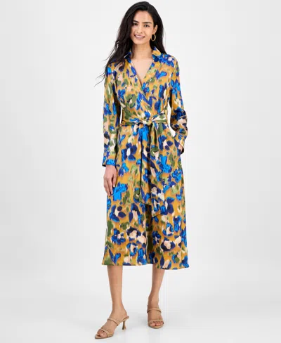 Tahari Asl Women's Printed V-neck Tie-waist Midi Dress In Multi