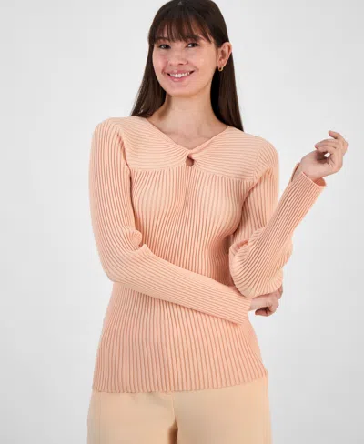 Tahari Asl Women's Ribbed V-neck Twist-front Sweater In Parfait