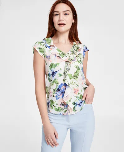 Tahari Asl Women's Ruffled-front Floral V-neck Top, Regular & Petite In Ivory Sand Floral