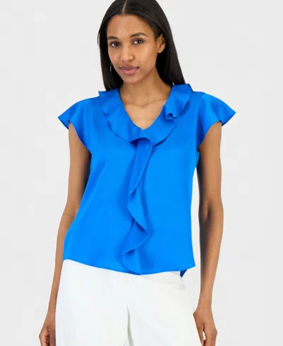 Tahari Asl Women's Ruffle-trim Cap-sleeve Blouse In Blue