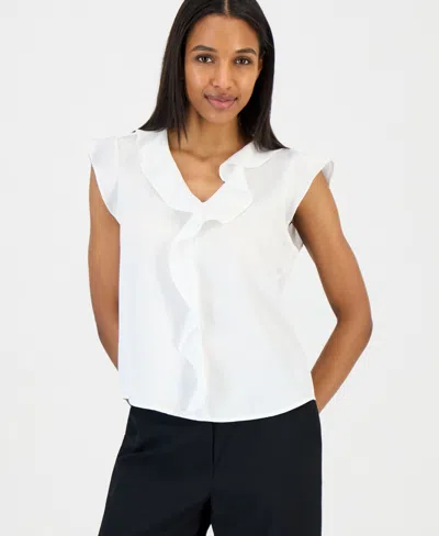 Tahari Asl Women's Ruffle-trim Cap-sleeve Blouse In White