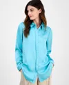 Tahari Asl Satin Button-up Shirt In Turquoise