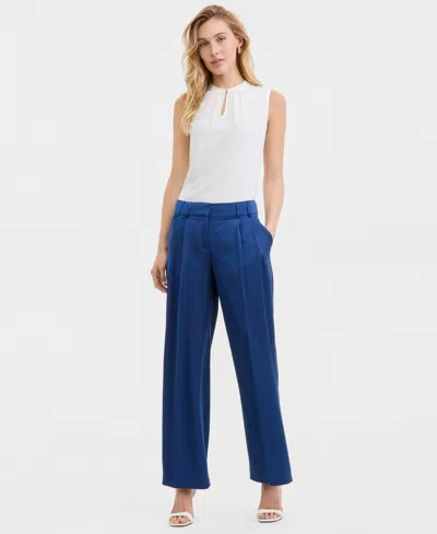 Tahari Asl Women's Satin Pleat-front Wide-leg Pants In Blue