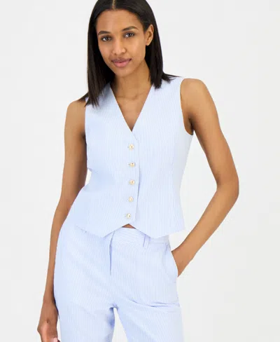 Tahari Asl Women's Seersucker Stripe Cotton Button-front Vest In Blue