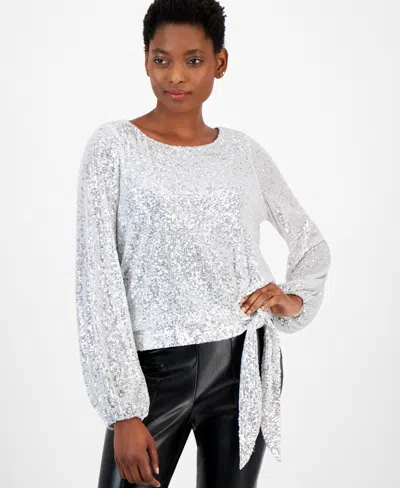 Tahari Asl Women's Sequinned Tie-hem Blouson-sleeve Top In Silver