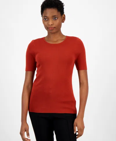Tahari Asl Women's Short-sleeve Ribbed Top In Brick