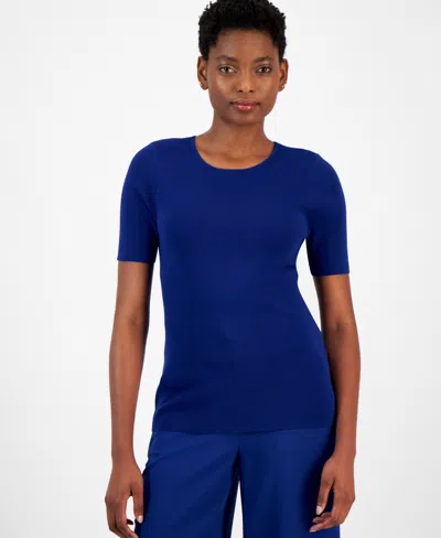 Tahari Asl Women's Short-sleeve Ribbed Top In Cobalt