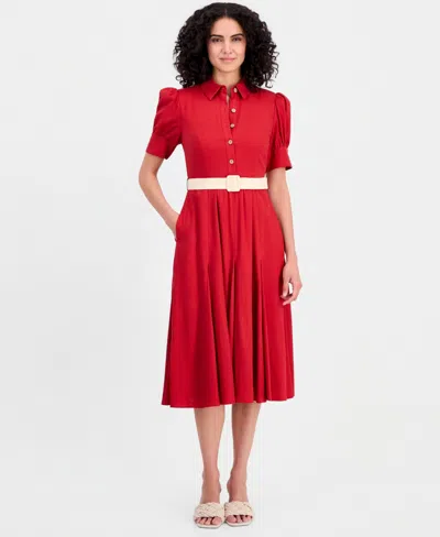 Tahari Asl Women's Short-sleeve Belted Dress In Red