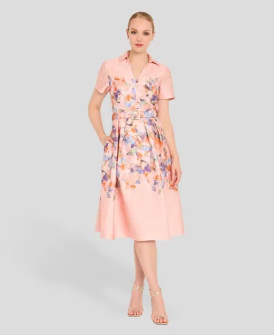 Tahari Asl Women's Short-sleeve Floral Belted Midi Dress In Pink