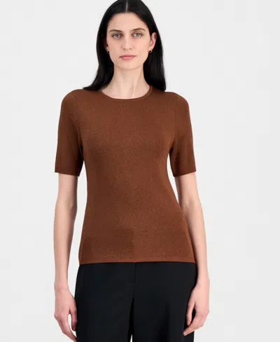 Tahari Asl Women's Short-sleeve Metallic Sweater Tee In Brown