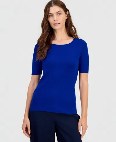 Tahari Asl Women's Short-sleeve Scoop-neck Sweater In Blue