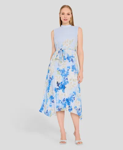 Tahari Asl Border Print Pleated Tie Waist Midi Dress In Blue
