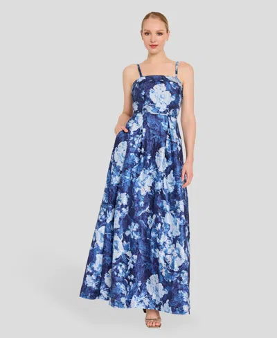 Tahari Asl Crinkled Floral Gown In Blue