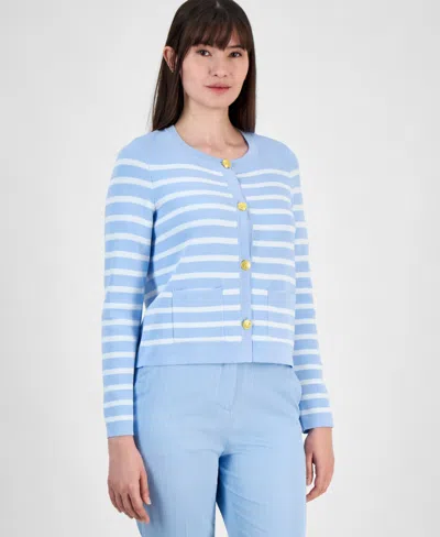 Tahari Asl Women's Striped Button-front Cardigan In Ice Blue Ivory