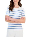 Tahari Asl Stripe Short Sleeve Sweater In Ivory,summer Sky