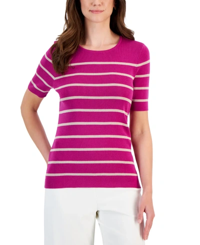 Tahari Asl Women's Striped Round-neck Short-sleeve Sweater Top In Wild Berry Sand