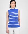 Tahari Asl Stripe Sleeveless Mock Neck Sweater In Pacific Blue Ivory