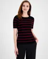 Tahari Asl Stripe Short Sleeve Sweater In Black,mulberry