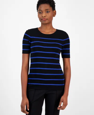 Tahari Asl Women's Striped Short-sleeve Knit Top In Black,new Royal