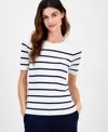 Tahari Asl Stripe Short Sleeve Sweater In Ivory,navy
