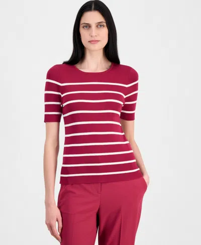 Tahari Asl Women's Striped Short-sleeve Sweater Tee In Burgundy