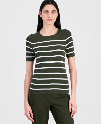 Tahari Asl Women's Striped Short-sleeve Sweater Tee In Green