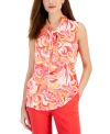 Tahari Asl Plus Size Printed Sleeveless Bow Blouse In Pink Swirl