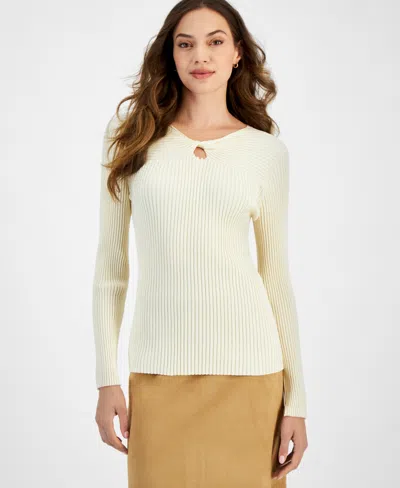 TAHARI ASL WOMEN'S TWISTED KEYHOLE LONG SLEEVE RIBBED KNIT TOP