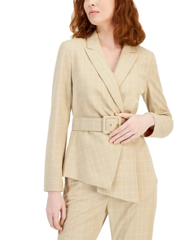 Tahari Asl Womens Belted Aysymetrical Plaid Blazer Straight Leg Mid Rise Pants In Sand,salmon