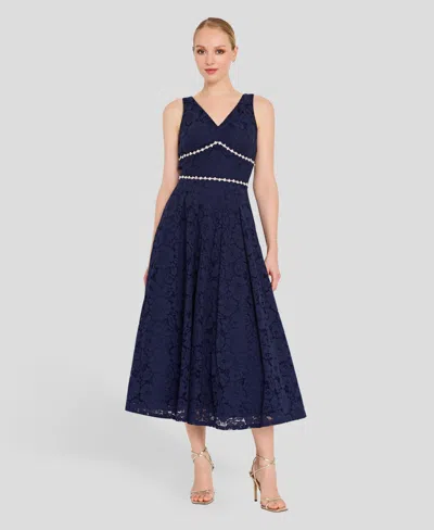 Tahari Asl Women's V-neck Lace Tea Length Ball Gown In Blue